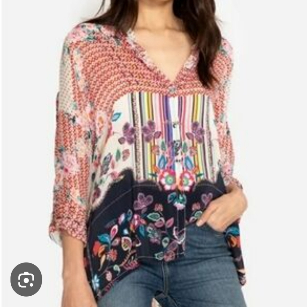 Johnny Was multicolor rayon printed patchwork button-down blouse. Size S.